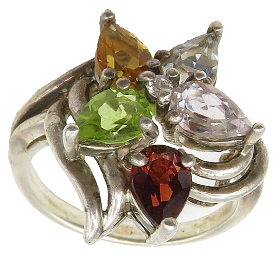 925 Silver  Vintage Peridot Citrine Garnet & Topaz Band Ring Sz 6  RG21523