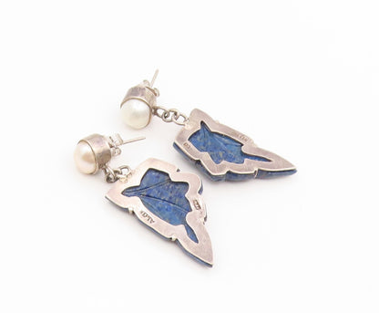 925 Sterling Silver Vintage Earrings JAIN ALOK Pearl Carved Lapis Lazuli EG14172