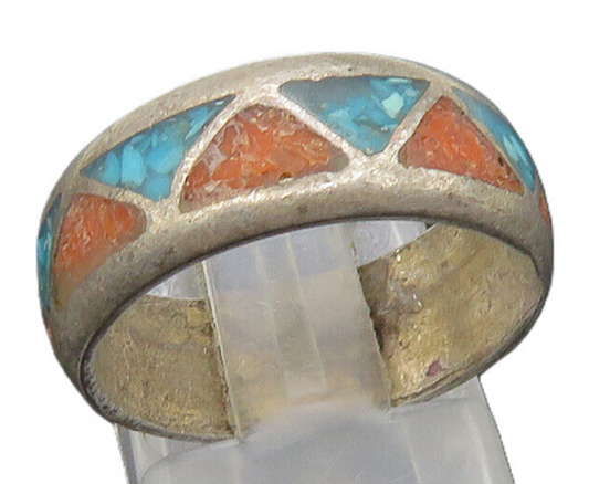 SOUTHWESTERN 925 Sterling Silver Vintage Turquoise Coral Band Ring Sz 7 RG23025