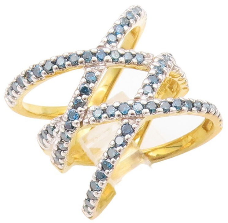 925 Sterling Silver Vintage Ring Gold Plated Cutout Blue Diamonds Sz 7.5 RG30583