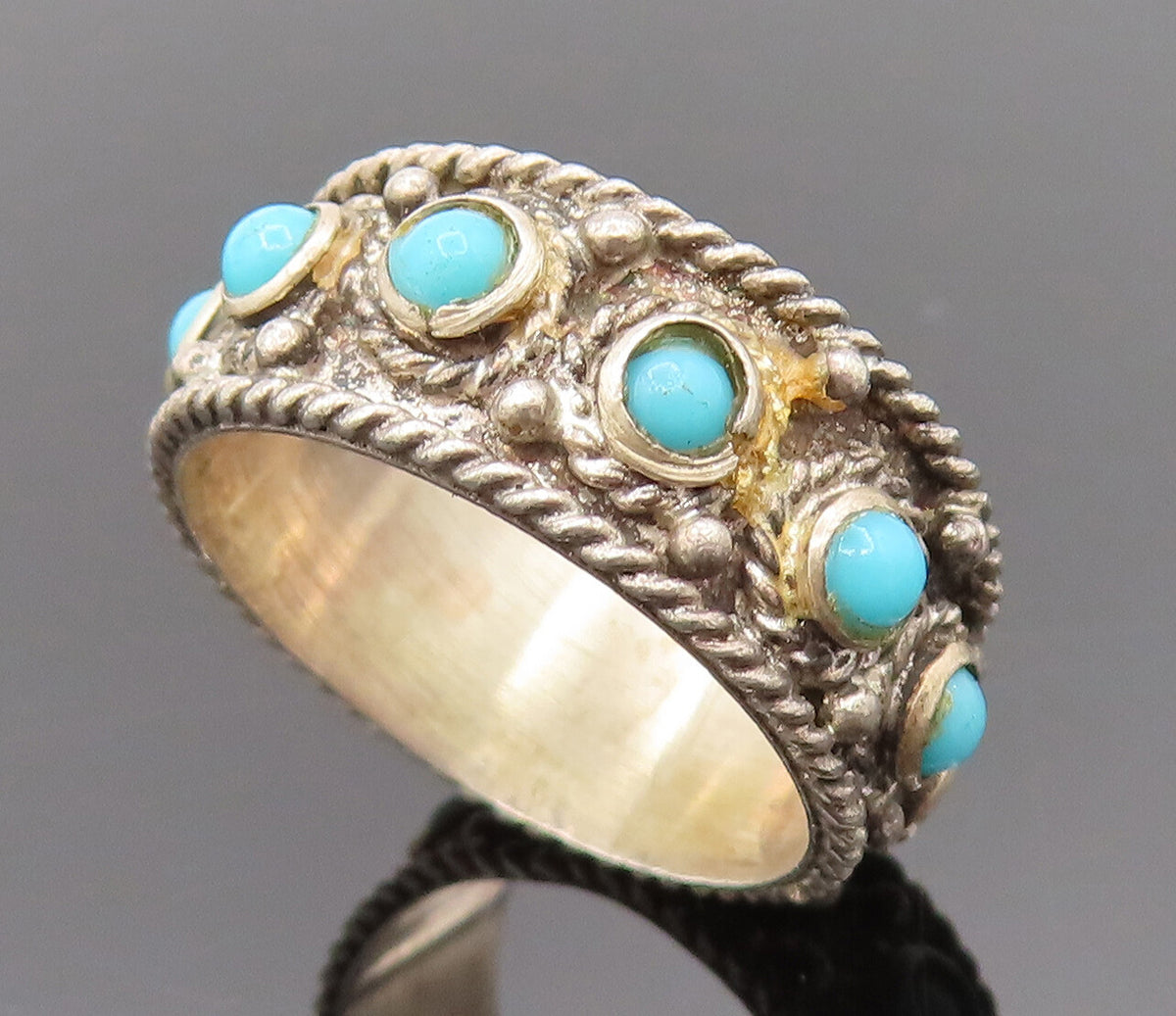 925 Silver  Vintage Twisted Rope Detail & Turquoise Band Ring Sz 6.5  RG26190