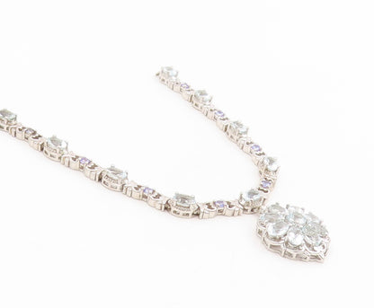 925 Sterling Silver Vintage Pendant Tanzanite & Topaz Floral Choker  PT25330