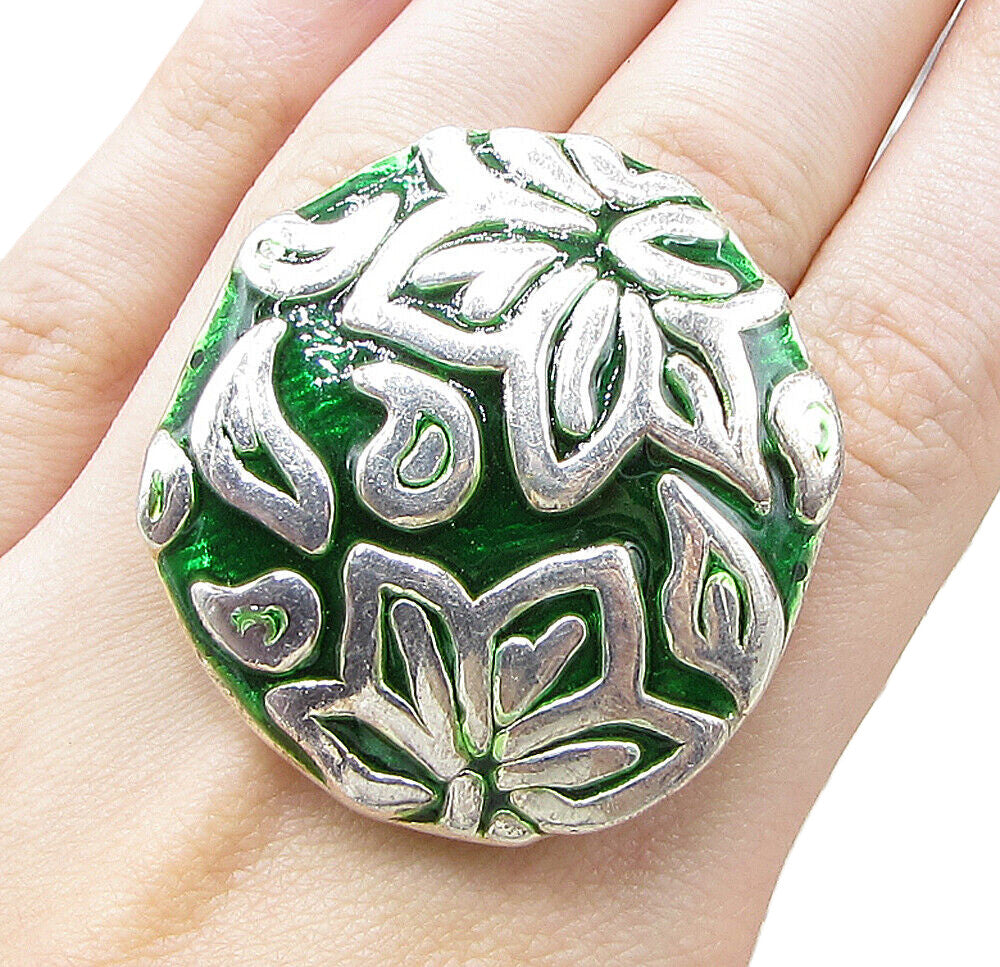 925 Sterling Silver  Carved Floral Over Green Enamel Cocktail Ring Sz 7 RG1425
