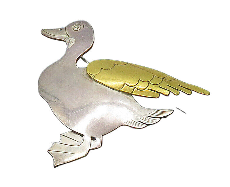 MEXICO 925 Sterling Silver  Vintage Two Tone Duck Motif Brooch Pin  BP8252