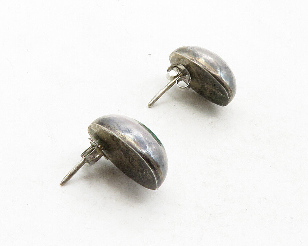 MEXICO 925 Sterling Silver  Vintage Inlaid Malachite Oval Stud Earrings EG6527