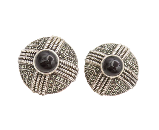 925 Sterling Silver Vintage Earrings JUDITH JACK Onyx & Marcasite Dome EG12774