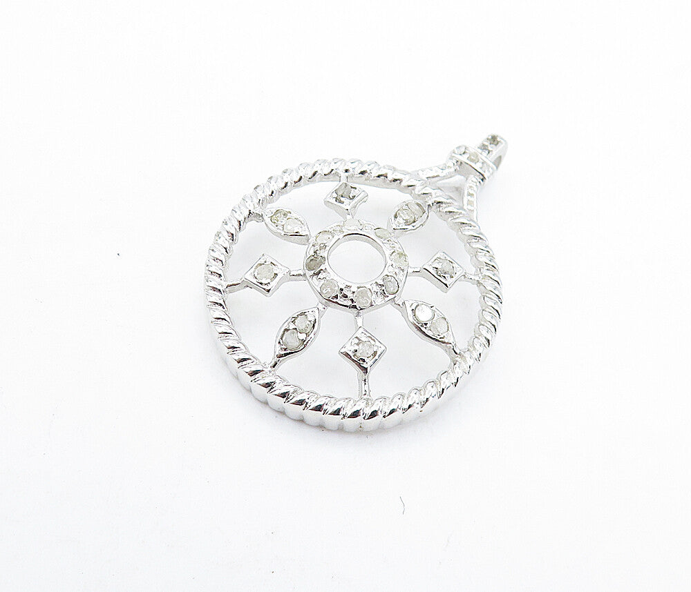 925 Sterling Silver Genuine Diamonds Open Floral Twist Round Pendant PT5082