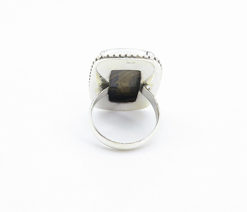 925 Sterling Silver  Cabochon Cut Brown Agate Square Cocktail Ring Sz 8 RG8141