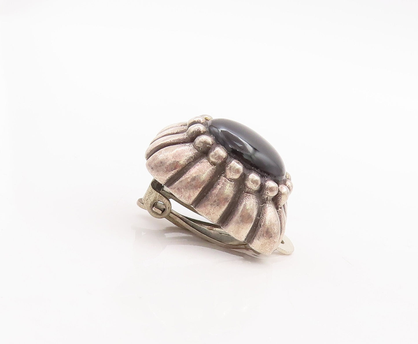 925 Sterling Silver Vintage Earrings Oval Shape Onyx Halo Grooved Design EG13108