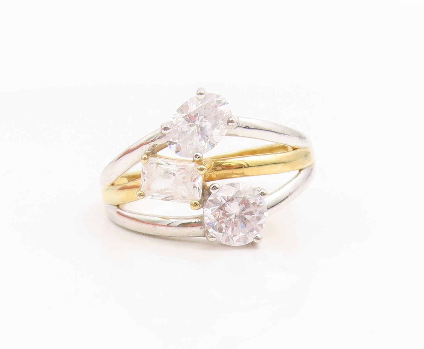 925 Sterling Silver Vintage Ring Multi Shape CZ Two Tone Band  Sz 9  RG35002