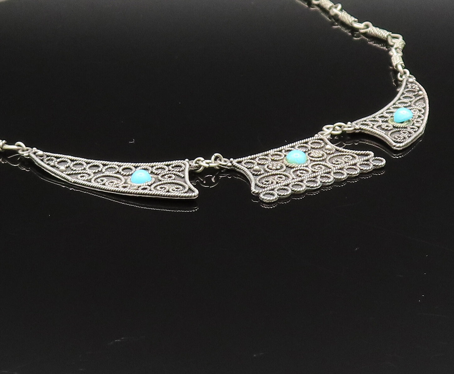 ISRAEL 925 Silver  Vintage Antique Spiral Rope Twist Turquoise Necklace NE3925