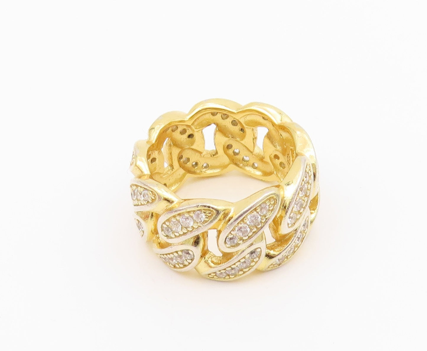 925 Sterling Silver Vintage Ring Gold Plated CZ Curb Link Cutout  Sz 9  RG33016