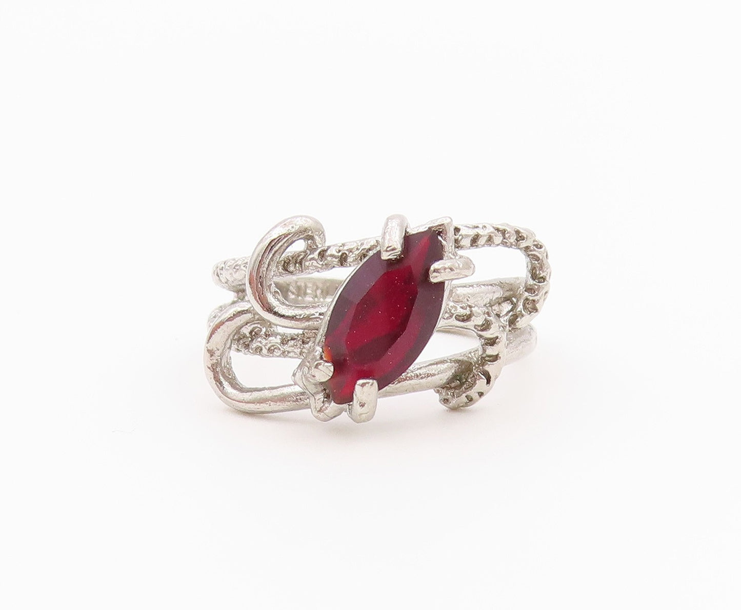 925 Sterling Silver Vintage Ring Marquise Cut Garnet Tentacle  Sz 5.5  RG36418