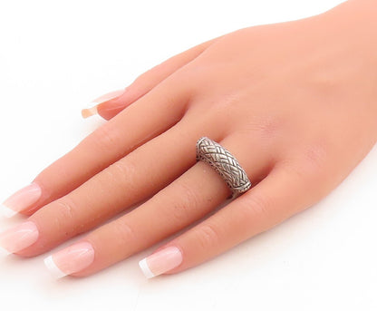 925 Sterling Silver Vintage Ring Dark Tone Woven Effect Carved  Sz 8  RG31253