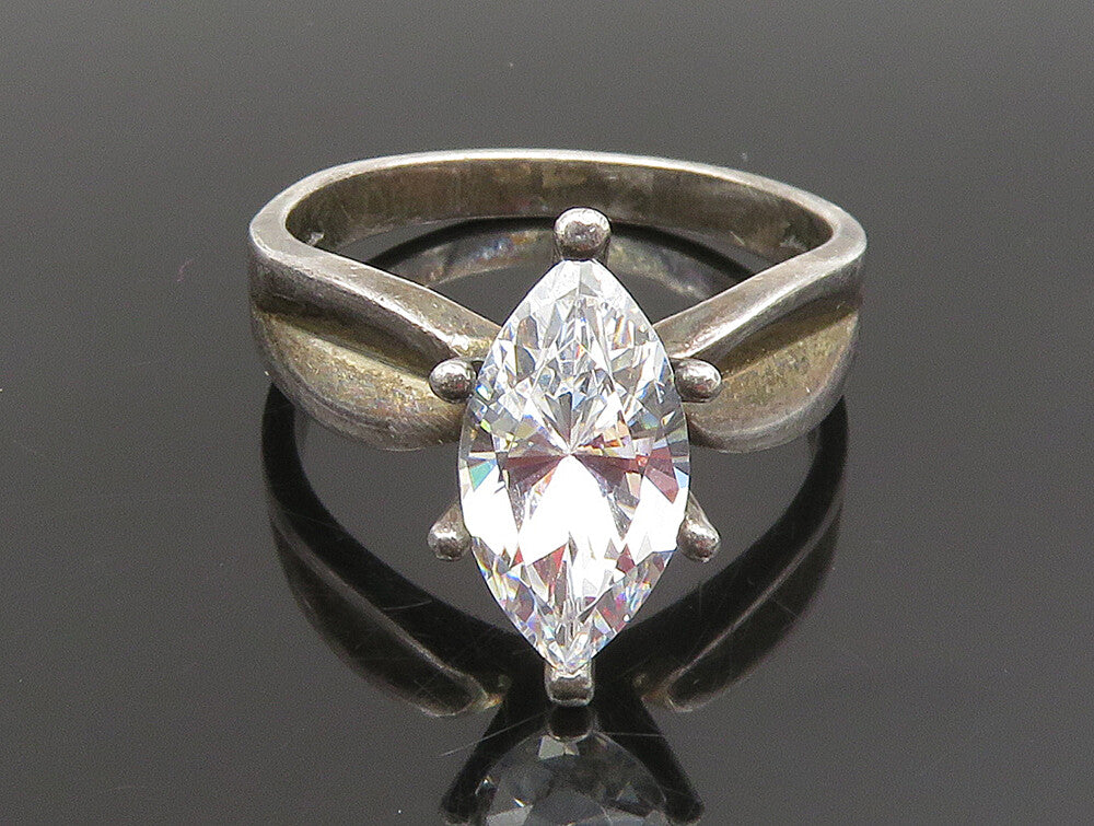 925 Silver  Vintage Marquise Cubic Zirconia Concave Shank Ring Sz 10  RG25311