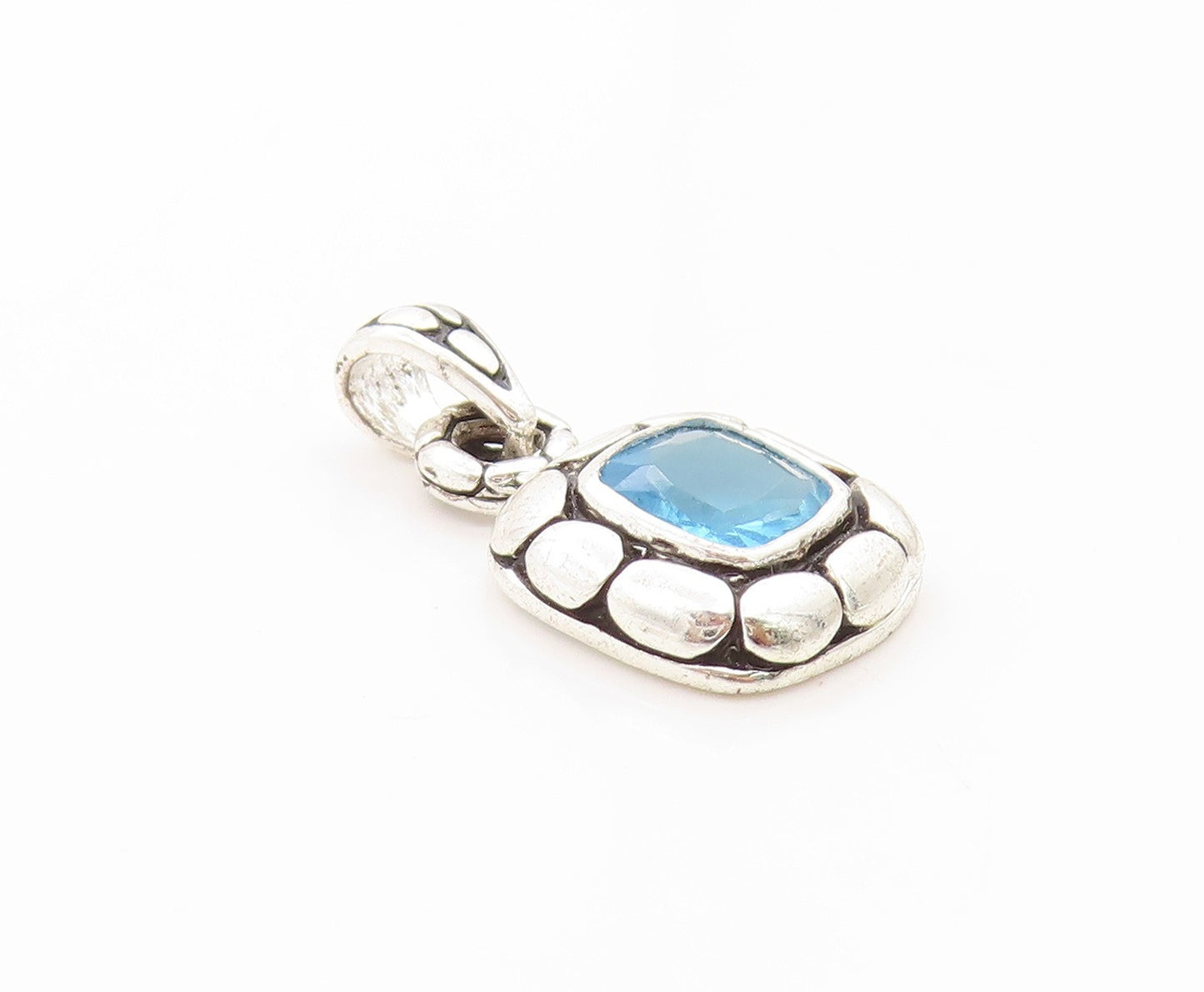 925 Sterling Silver Vintage Pendant Blue Topaz Pebbled Geometric Charm  PT25042
