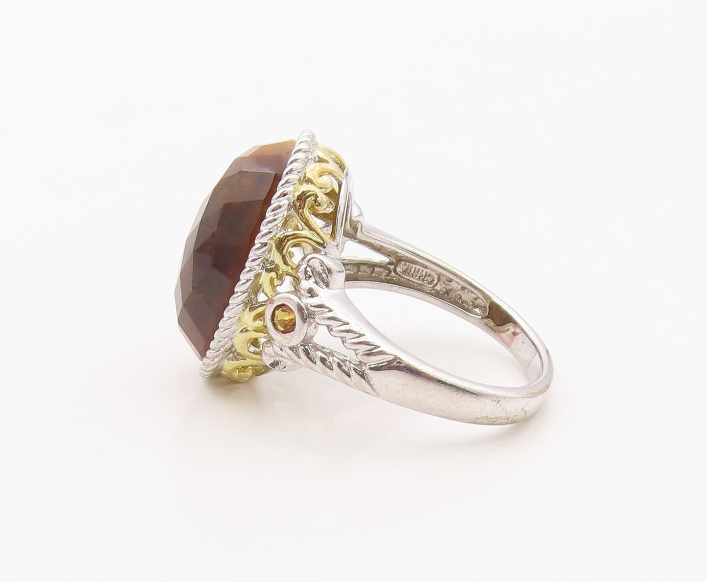 925 Sterling Silver Vintage Ring Faceted Tiger's Eye & Citrine  Sz 9  RG36361