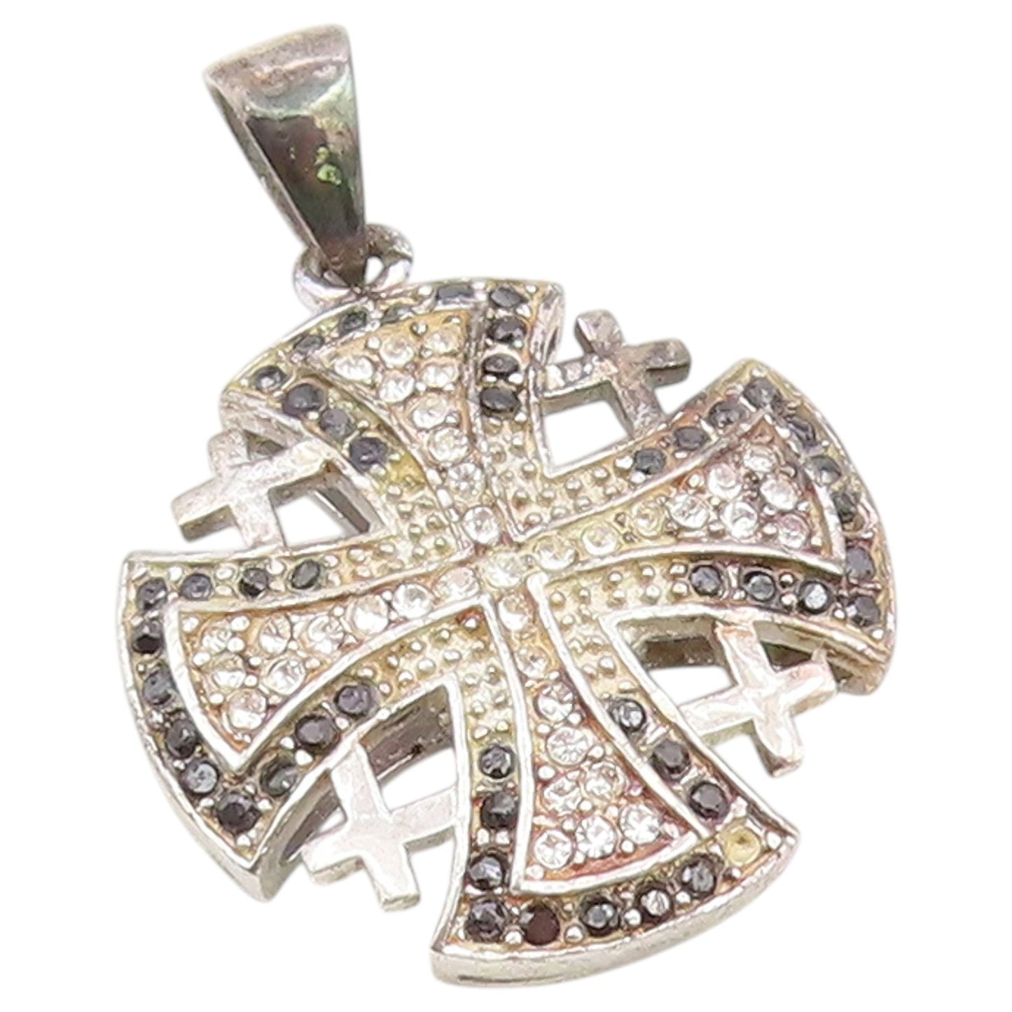 925 Sterling Silver Vintage Pendant Black & White CZ Jerusalem Cross  PT26362