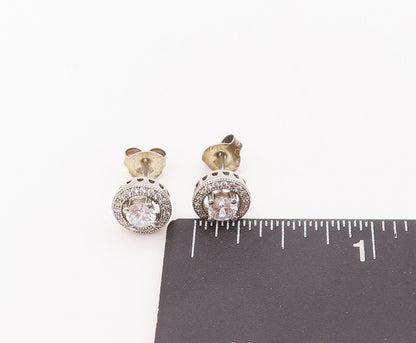 925 Sterling Silver Vintage Earrings Round Maine Stone Halo CZ Band Stud EG12899