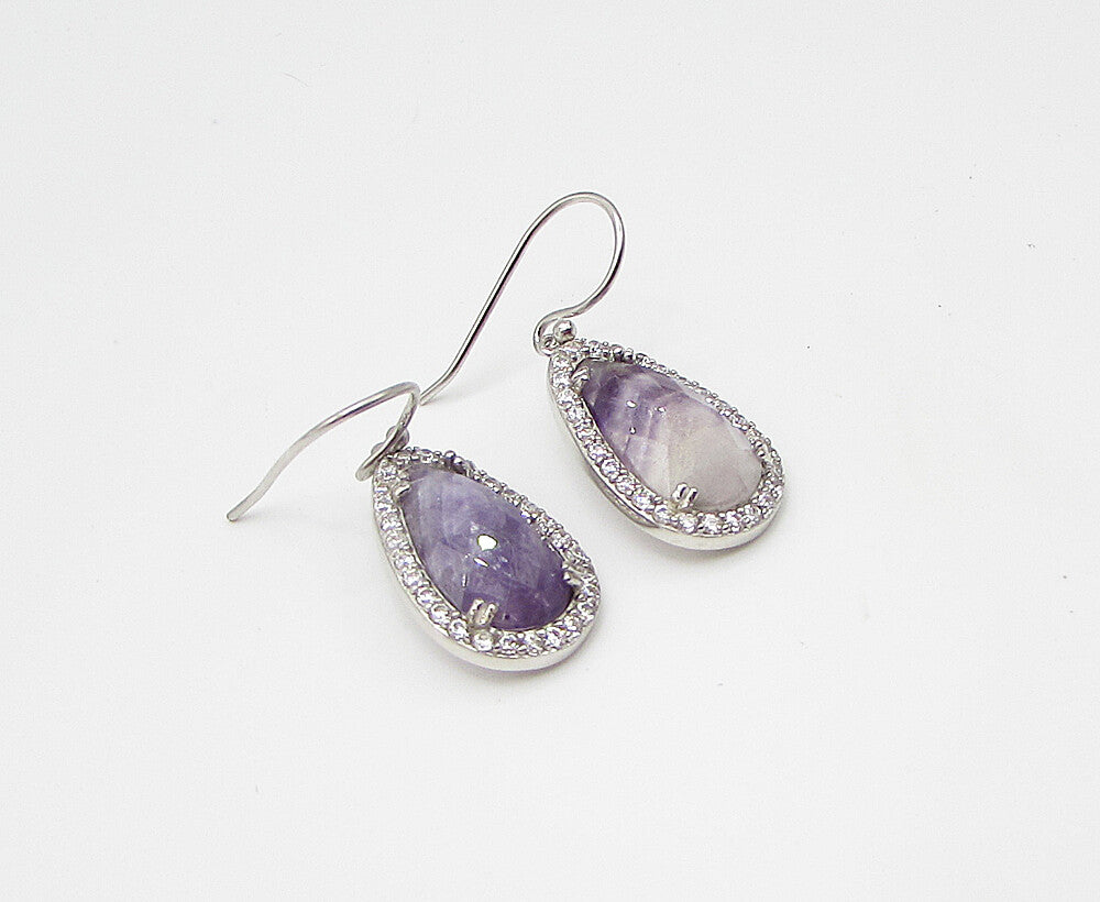 925 Sterling Silver  Blue Lace Agate & Cubic Zirconia Dangle Earrings  EG1460