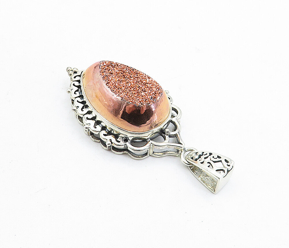 925 Sterling Silver  Vintage Druzy Stone Shiny Swirl Drop Pendant  PT3444