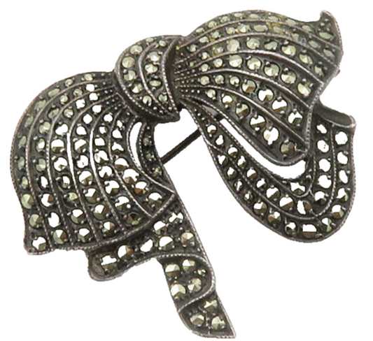 925 Sterling Silver  Vintage Marcasite Bow Tied Ribbon Brooch Pin  BP5258
