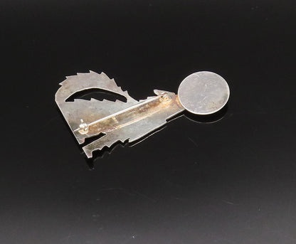 SOUTHWESTERN 925 Silver Vintage Two Tone Wolf & Full Moon Brooch Pin BP9995