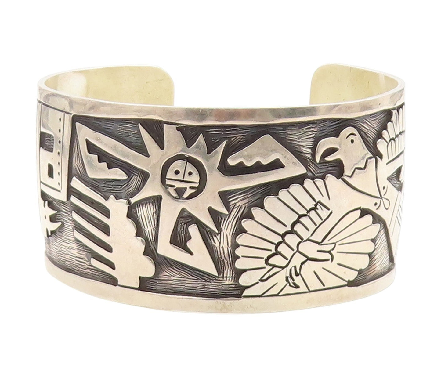 925 Sterling Silver Vintage Bracelet Carved Sun God & Eagle Wide Cuff  BT11809