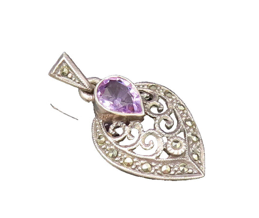 925 Silver  Vintage Inlaid Amethyst & Marcasite Open Swirl Pendant  PT20999