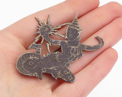 SIAM 925 Sterling Silver  Vintage Enamel Niello Dancer Brooch Pin  BP1574