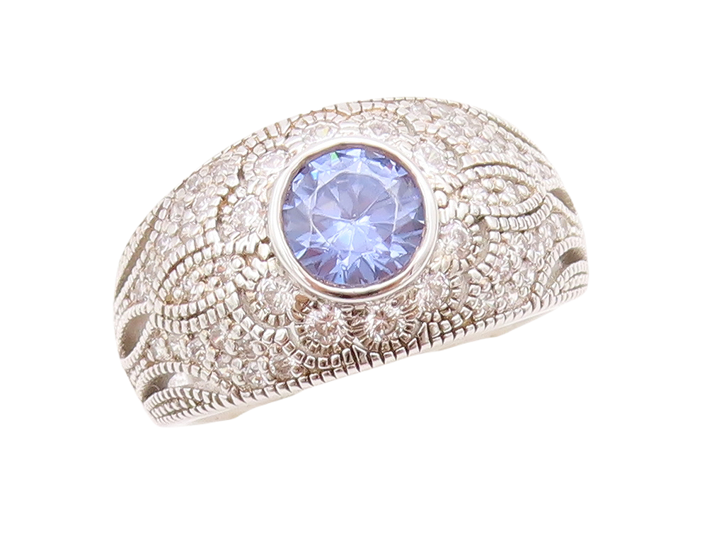 925 Sterling Silver Vintage Ring Floral Design Carved Sapphire & CZ Sz 7 RG30748