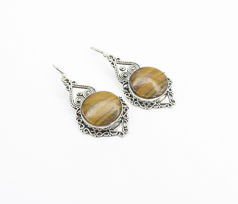 925 Sterling Silver  Vintage Tiger's Eye Heart Swirl Dangle Earrings  EG3298
