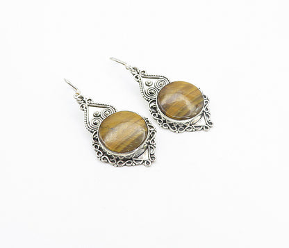 925 Sterling Silver  Vintage Tiger's Eye Heart Swirl Dangle Earrings  EG3298