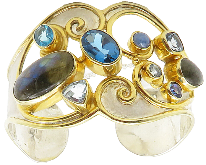 DESIGNER 925 Silver  Labradorite & Blue Topaz Two Tone Cuff Bracelet  BT6349