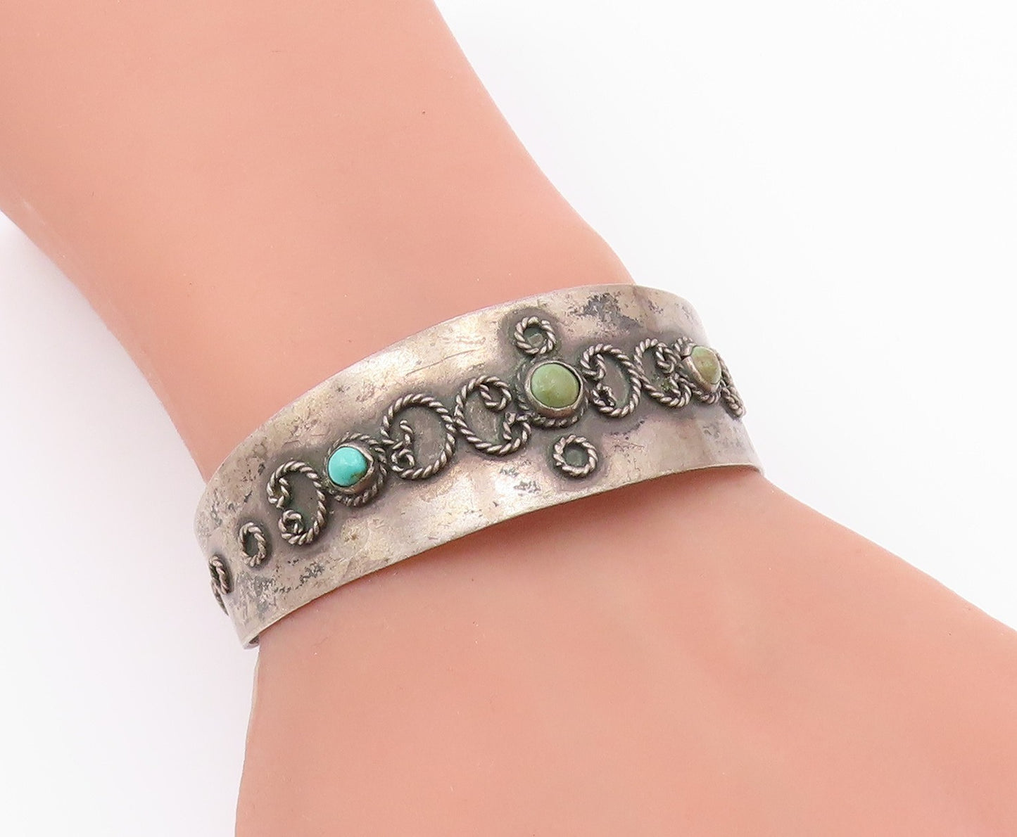 MEXICO 925 Silver  Vintage Antique Turquoise Twist Cuff Bracelet  BT9211