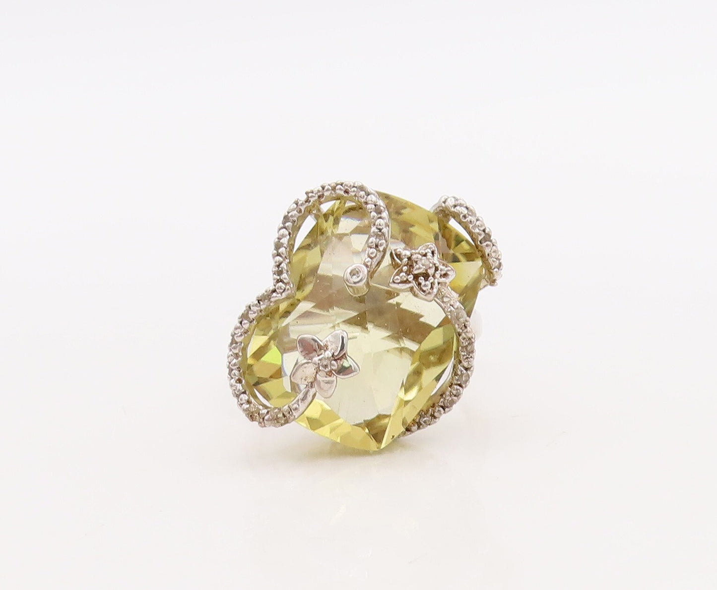925 Sterling Silver Vintage Ring Floral Carved Amorphas Lime Quartz Sz 9 RG29865