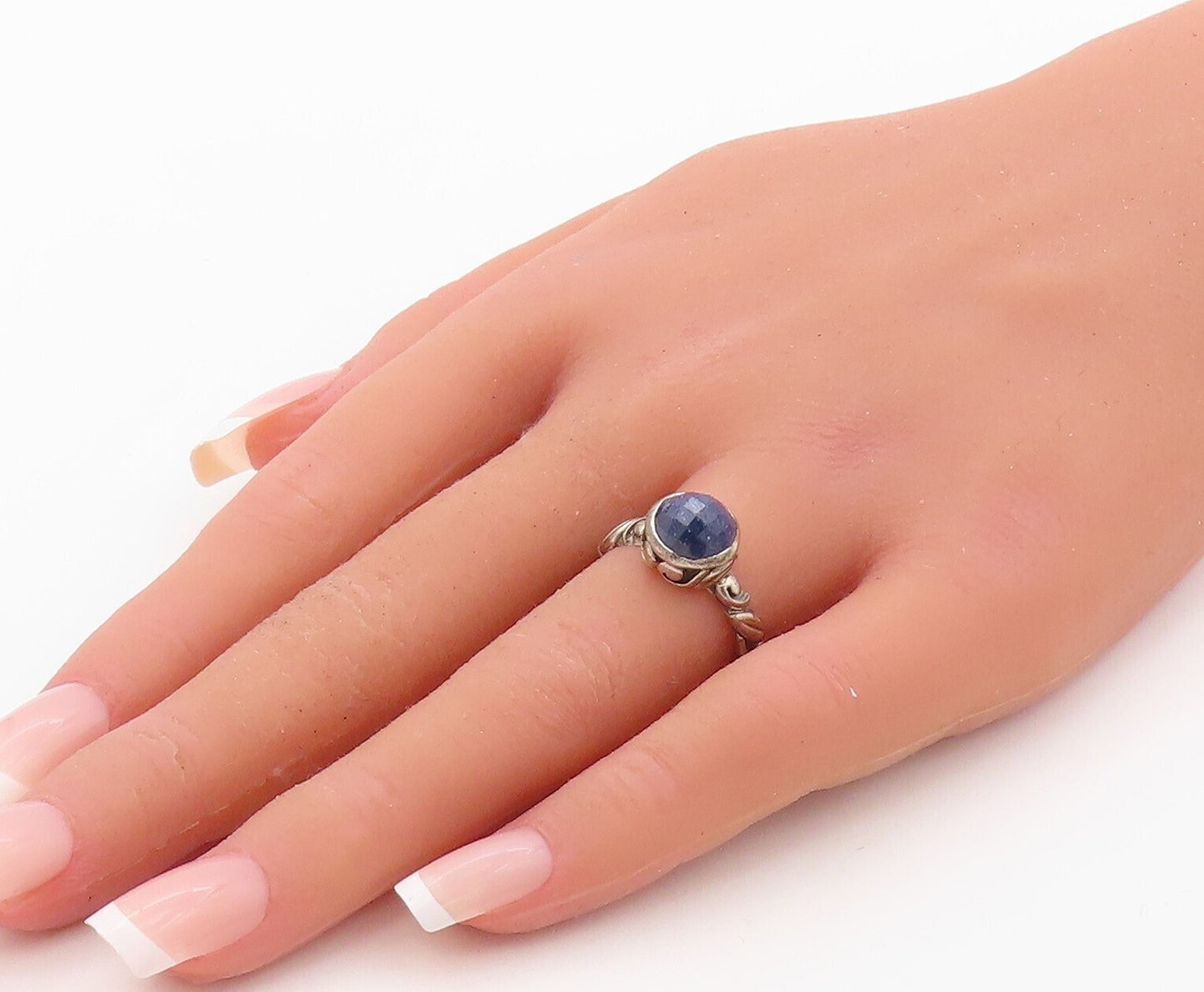 925 Sterling Silver Vintage Ring Swirly Carved Band Round Gemstone Sz 7  RG30693