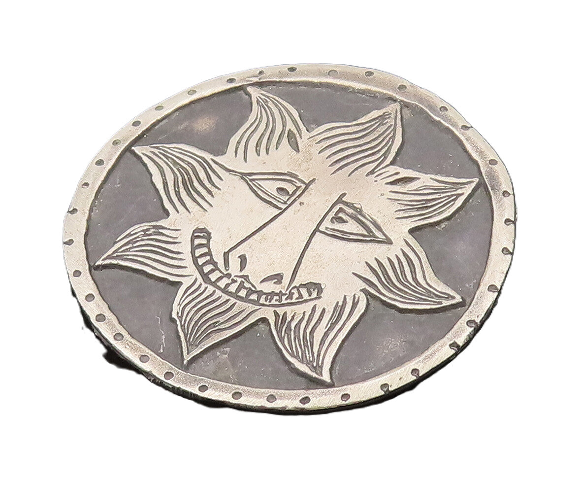 MMA 925 Sterling Silver Vintage Carved Joker Sun Face Round Brooch Pin BP10274