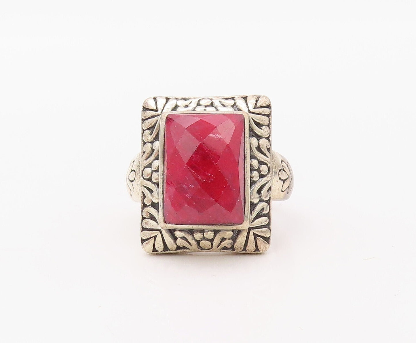 925 Sterling Silver Vintage Ring Red Gemstone Floral Fame Carved  Sz 8  RG30765
