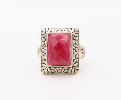 925 Sterling Silver Vintage Ring Red Gemstone Floral Fame Carved  Sz 8  RG30765