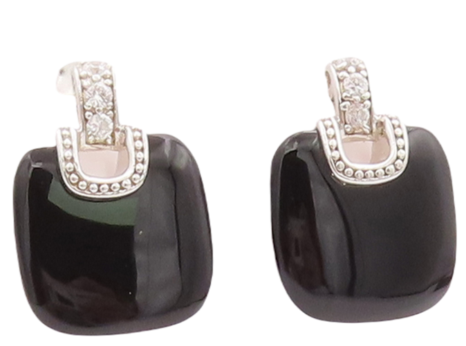 925 Sterling Silver Vintage Earrings Square Cabochon Onyx Beaded CZ  EG13010