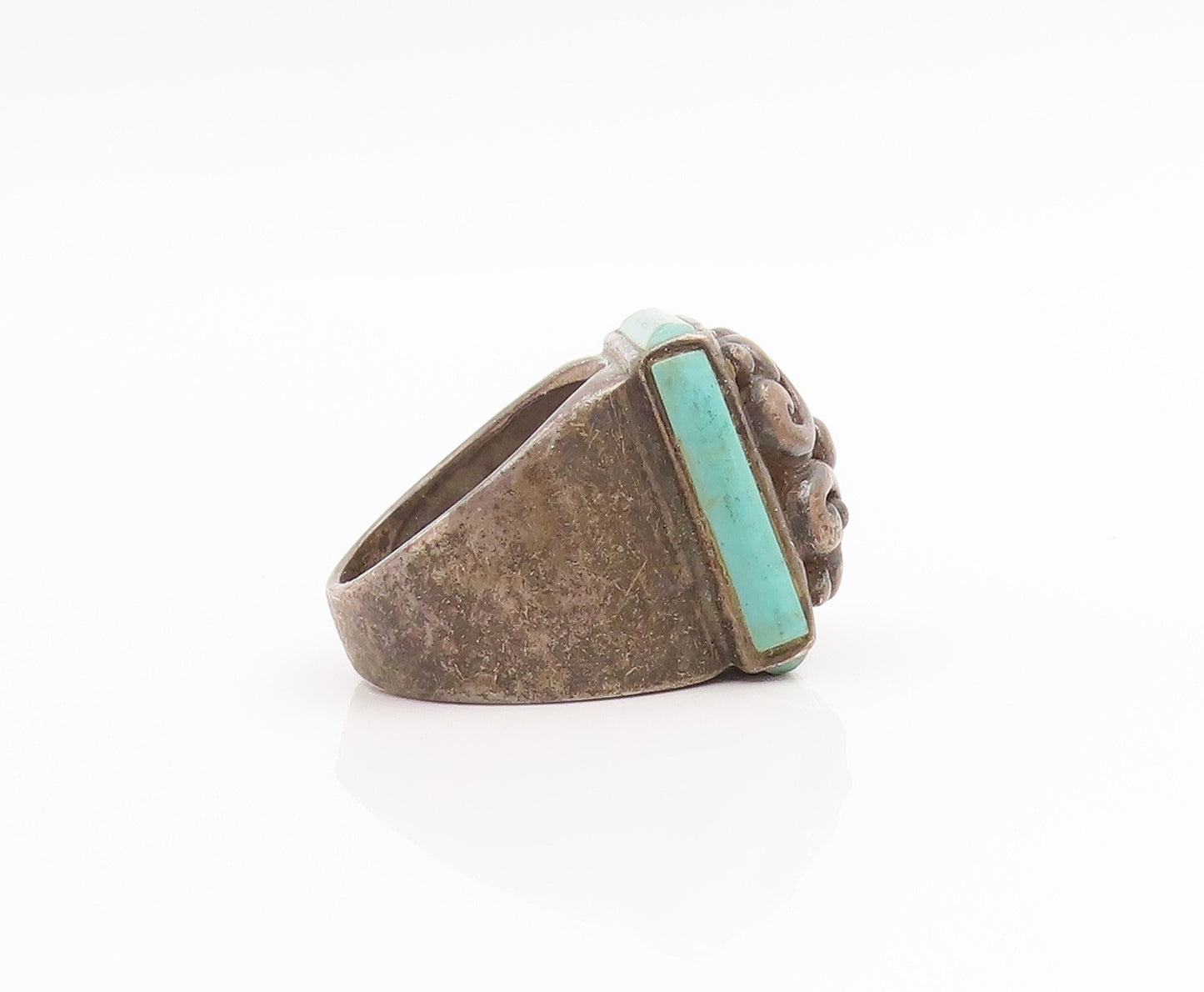 925 Sterling Silver Vintage Ring Turquoise Dark Tone Floral Band  Sz 7  RG33854