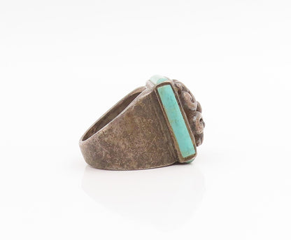 925 Sterling Silver Vintage Ring Turquoise Dark Tone Floral Band  Sz 7  RG33854