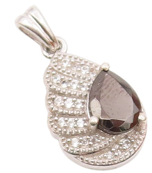 925 Sterling Silver  Vintage Hematite & Topaz Angel Wing Pendant  PT15645