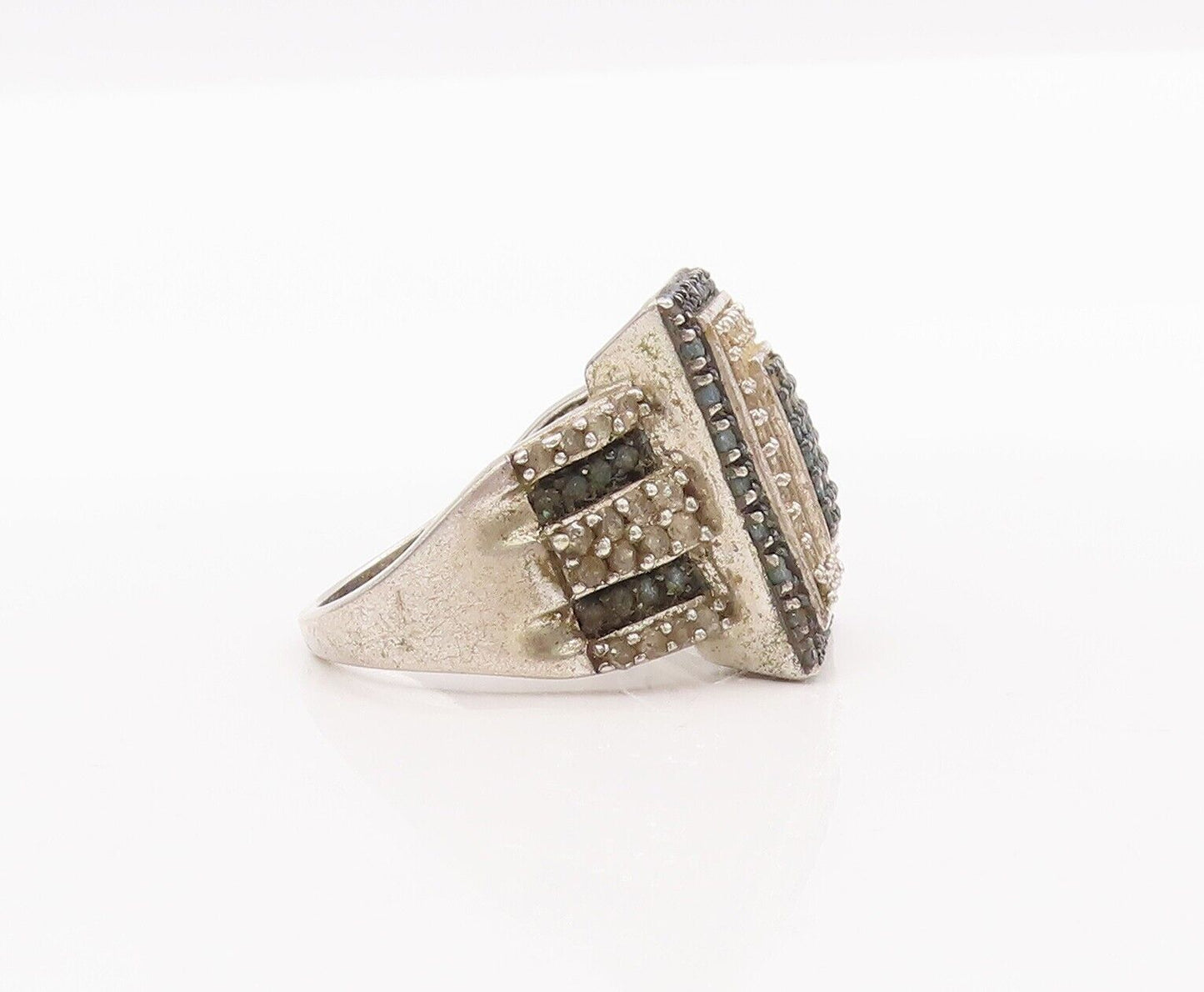 925 Sterling Silver Vintage Ring Rectangle Real Two Tone Diamonds  Sz 8 RG28430