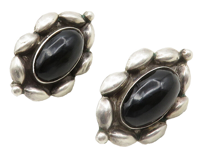 MEXICO 925 Silver  Vintage Cabochon Cut Black Onyx Non Pierce Earrings  EG6654