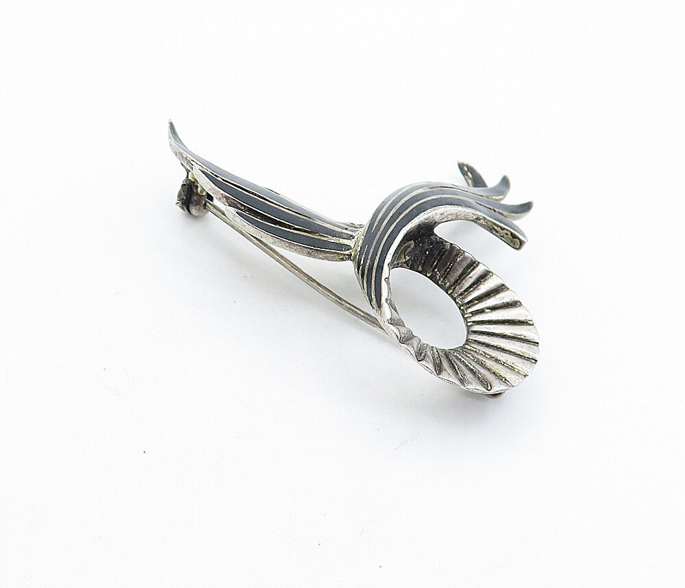 925 Sterling Silver  Vintage Niello Dark Tone Wing Design Brooch Pin  BP2128
