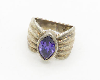 925 Sterling Silver  Vintage Marquise Amethyst Fluted Band Ring Sz 7  RG19636