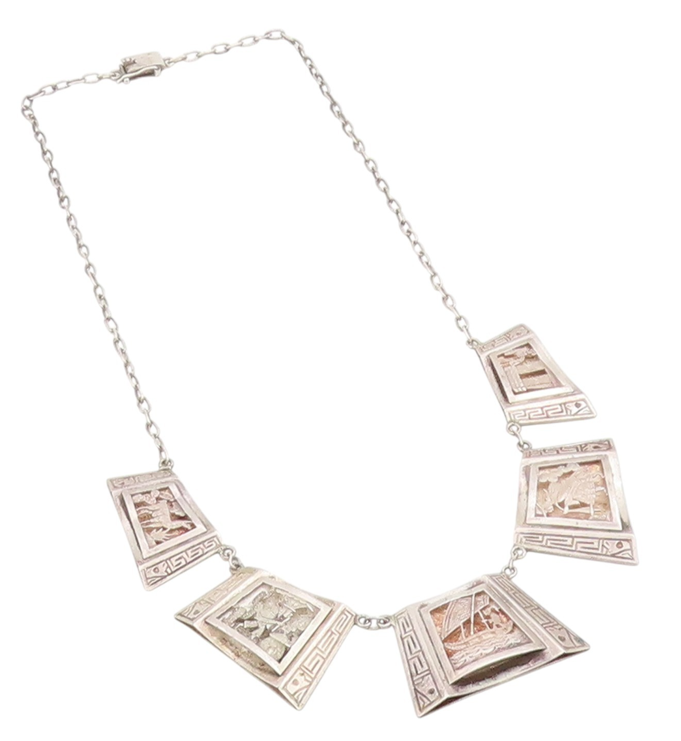 925 Sterling Silver Vintage Necklace Carved Storyteller Panel Choker   NE4684