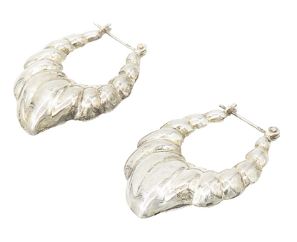 925 Sterling Silver  Vintage Shiny Hollow Fluted Pointed Hoop Earrings  EG8831
